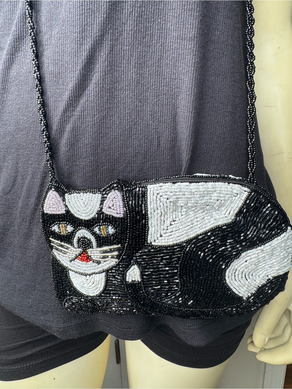 Black & White Cat Seed bead Crossbody Purse